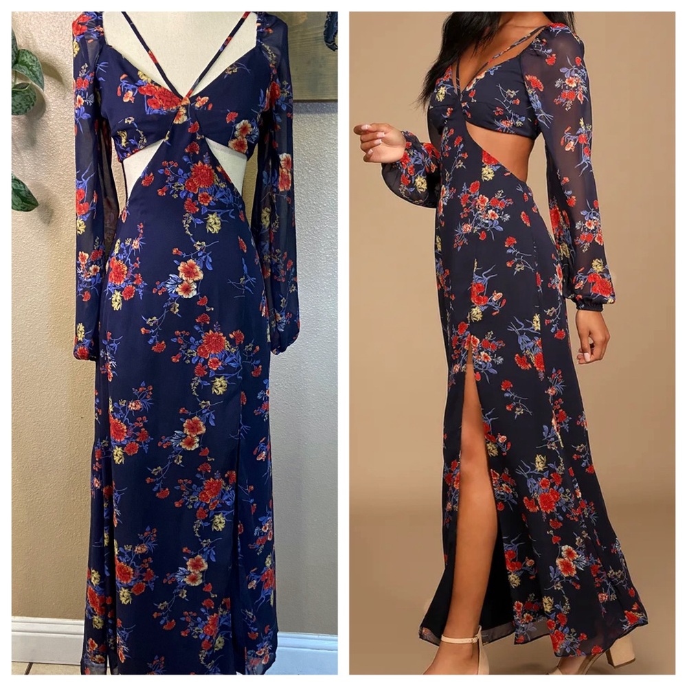 NWOT Lulus Growing, Growing, Gone Navy Blue Floral Print Cutout Maxi Dress